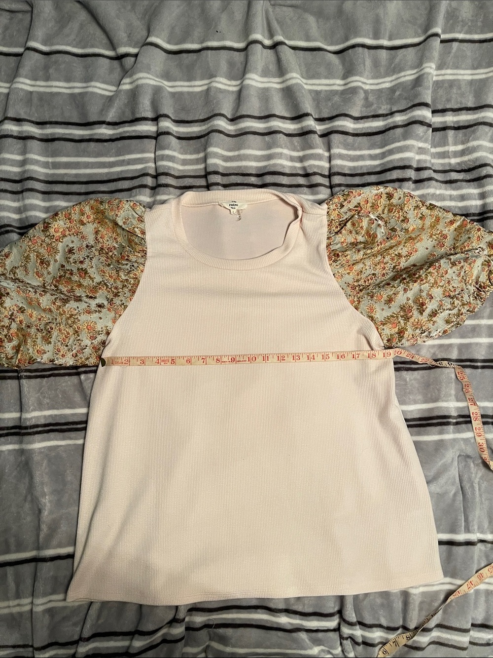 Floral Puff Sleeve Ribbed Knit Top - Cream